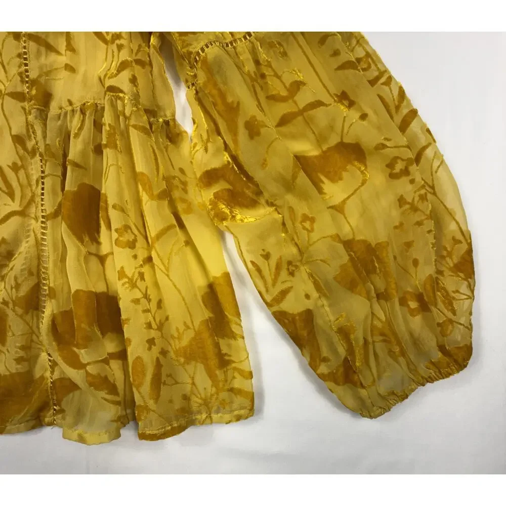 Anthropology Meadow Rue Sheer Velvet Boho Blouse Sz 8 Gold Floral Peasant - Picture 5 of 12
